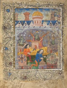 Agregue MS 10302 f.37v f. 1r Siete hornos con alambiques, atendidos por dos hombres, bajo un techo con cúpula y chimeneas, c.1477 (vitela) de English School