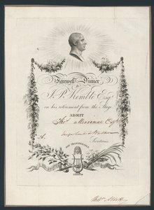 Boleto de admisión para la cena de despedida de John Kemble del escenario, 1819