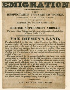 Anuncio relacionado con la emigración de mujeres jóvenes a la Tierra de Van Diemen de English School