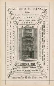 Anuncio de Alfred M Kino, sastre, 40 Cornhill y 87 Regent Street, Londres