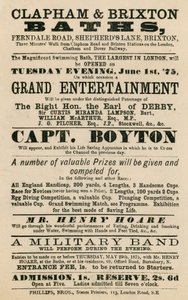 Anuncio para los baños de Clapham y Brixton, Ferndale Road, Shepherds Lane, Brixton, Londres; con el Capitán Boyton de English School