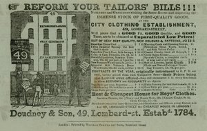Anuncio de Doudney & Son, Establecimiento de Ropa de la Ciudad, 49 Lombard Street, Londres