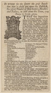 Anuncio de Edward Pinchbeck, Reloj Musical, Fleet Street, Londres, desde 1734 de English School