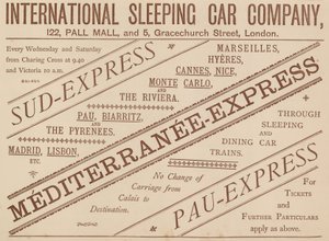 Anuncio de la Compañía Internacional de Coche Cama, 122 Pall Mall y 5 Graceshurch Street, 1888 de English School