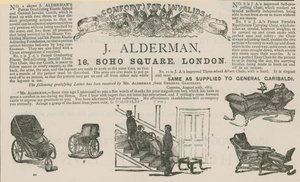 Anuncio de J Alderman, fabricante de carruajes para inválidos (grabado) de English School