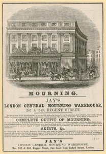 Anuncio de Jays, London General Mourning Warehouse, 247 & 249 Regent Street, Londres