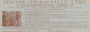 Anuncio de Jerome Thibouville-Lamy, 10 Charterhouse Street, Londres, fabricante de instrumentos de English School