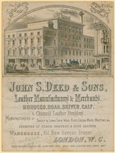 Anuncio de John S Deed & Sons, fabricantes y comerciantes de cuero, 451 New Oxford Street, Londres