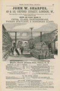 Anuncio de John W Sharpus, diseños modernos y clásicos en porcelana, vidrio, loza, estatuaria de parian y vidrio bohemio