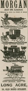 Anuncio de Morgan & Co Ltd, fabricantes de carruajes, Long Acre y 10 Old Bond Street, Londres de English School