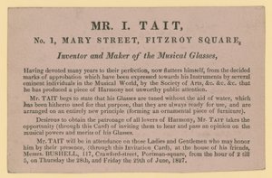 Anuncio de Mr. I Tait, inventor y fabricante de los vasos musicales de English School