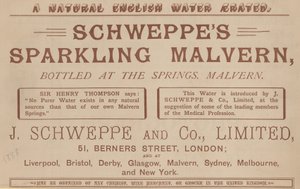 Anuncio de Schweppes Sparkling Malvern, embotellado en los manantiales, Malvern de English School