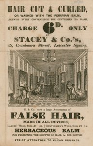 Anuncio de Stacey & Co., 45 Cranbourne Street, Leicester Square, Londres, peluqueros de English School