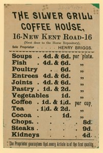 Anuncio para The Silver Grill Coffee House, 16 New Kent Road, Londres