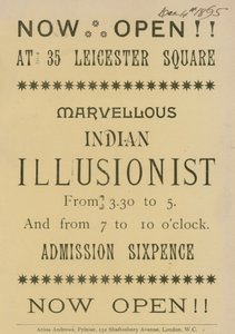 Anuncio de un Ilusionista Indio apareciendo en 35 Leicester Square, Londres
