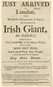 Anuncio para una aparición de Charles Byrne, alias OBrien el Gigante Irlandés, el hombre más alto del mundo conocido de English School