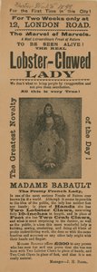 Anuncio de una aparición de Madame Babault, la dama con garras de langosta de English School