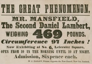 Anuncio de la aparición de Mr. Mansfield, un segundo Daniel Lambert, con un peso de 469 libras