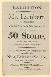Anuncio de una exposición con Mr Daniel Lambert que pesaba 50 piedras