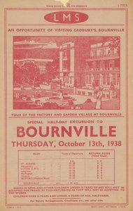 Anuncio de excursión ferroviaria a la fábrica y al pueblo jardín de Cadburys en Bournville