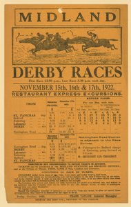 Anuncio de excursión ferroviaria a las carreras de Midland Derby, 15-17 de noviembre de 1922 de English School