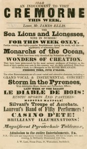 Anuncio de la aparición de Leones Marinos y Leonas en los Jardines de Cremorne, Londres en 1848 de English School