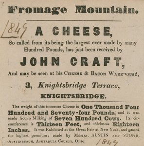 Anuncio para la exhibición de un queso conocido como Fromage Mountain de English School