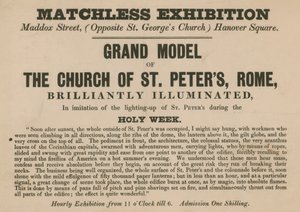 Anuncio de la exhibición de un modelo de la Iglesia de San Pedro, Roma
