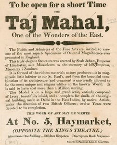 Anuncio de la exhibición de un modelo del Taj Mahal en 5 Haymarket, Londres de English School