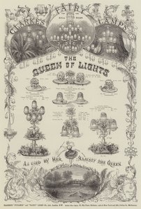 Anuncio, lámparas de hadas de Clarke (grabado) de English School