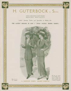 Anuncio de H Guterbock & Sons, sastres deportivos para damas y especialistas en equipo de equitación de English School