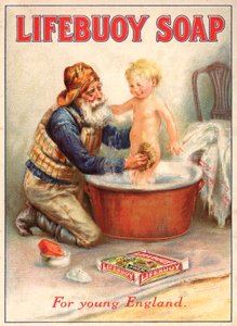 Anuncio de jabón Lifebuoy mostrando a un socorrista bañando a un niño