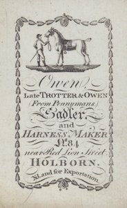 Anuncio de Owen, guarnicionero y fabricante de arneses, Londres (litografía) de English School