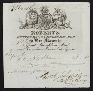 Anuncio de Roberts, vendedor de mantequilla y quesero, Londres