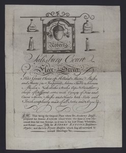 Anuncio de Roberts, comerciantes de telas, Salisbury Court, Fleet Street, Londres, donde el Dr. Anthony Daffy preparó su Elixir Salutis de English School