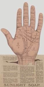 Anuncio de jabón Sunlight mostrando las líneas y características de una mano que permiten a un lector de palmas predecir el futuro de alguien