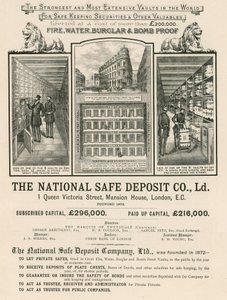Anuncio de la Compañía Nacional de Depósitos Seguros, 1 Queen Victoria Street, Mansion House, Londres