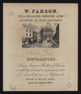 Anuncio de W Parson, comerciante de té, tendero e importador de provisiones irlandesas, Southampton, Hampshire de English School