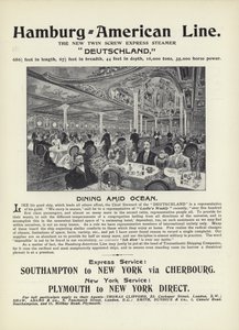 Anuncio de la Hamburg-American Line, el nuevo vapor expreso de doble hélice, Deutschland de English School