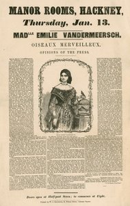 Anuncio de la aparición de Mademoiselle Emilie Vandermeersch, Oiseaux Merveilleaux en Manor Rooms, Hackney, Londres de English School