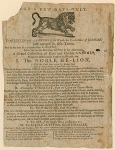 Anuncio de la aparición de una colección de animales raros, incluyendo un león, tigre, puercoespín y simio de English School
