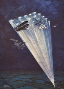 Aviones iluminados por una rejilla de reflectores por la noche (litografia en color)