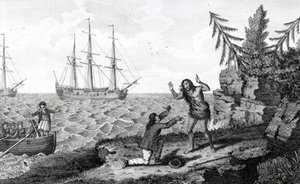 Entrevista conmovedora de dos hombres Mokito, ilustración tomada de los Viajes y Aventuras de Moore, 1778 de English School