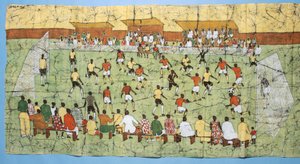 Batik africano que ilustra un partido de fútbol con multitudes viendo en las gradas de English School