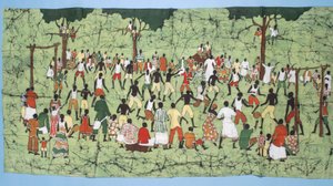 Batik africano, ilustrando un partido de fútbol con espectadores viendo