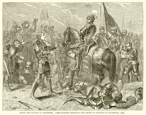 Después de la batalla de Bosworth. Lord Stanley llevando la corona de Ricardo a Richmond, 1483 de English School
