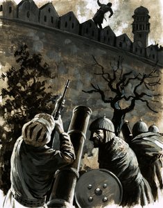 Akbar, rey de Hindustán, pidió un mosquete y, apuntando, mató a Jaimal, el comandante del fuerte