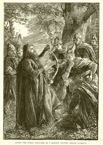 Alfredo el Grande, disfrazado de arpista, tocando ante Guthrum