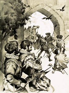 Todos los elaborados planes del Capitán Blood para robar la corona de Inglaterra no llegaron a nada (gouache sobre papel) de English School