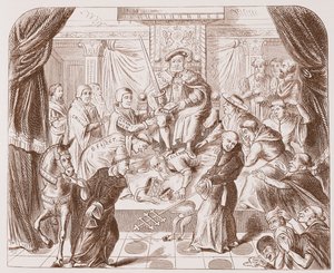 Cuadro alegórico de Enrique VIII pisoteando al Papa Clemente, de una impresión antigua en el Museo Británico de English School